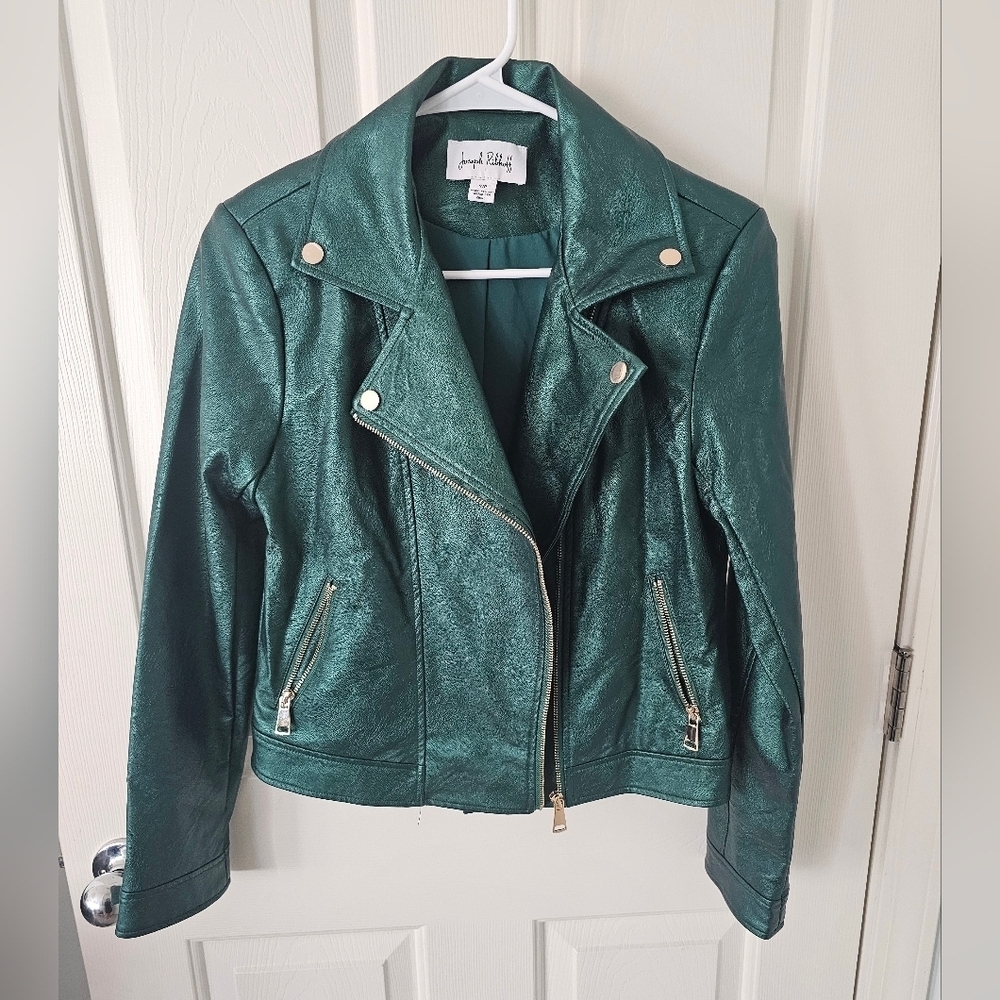 Joseph Ribkoff Metallic Faux Leather Biker Jacket Size SP